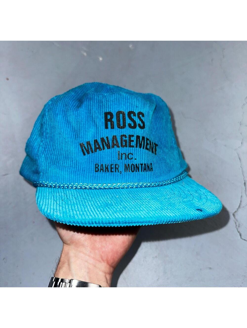 Baker Montana Ross Management Corduroy VTG Hat Cap Snapback Blue Fun Text Otto